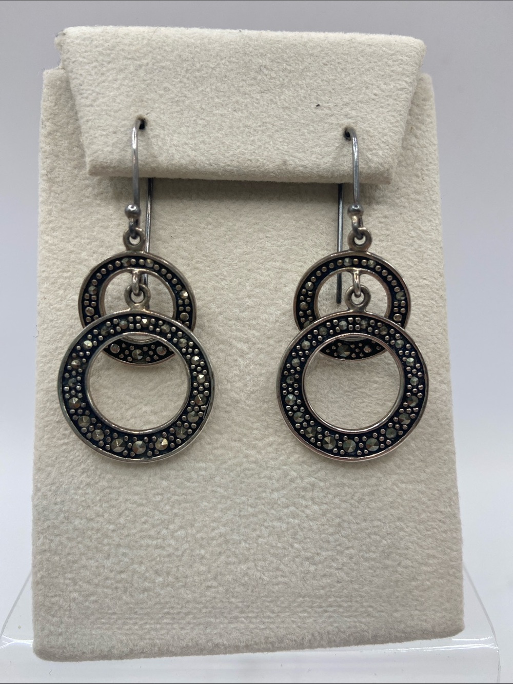 Suspicion Marcasite Sterling Silver 925 Double Hoop Dangle Earrings 2”L